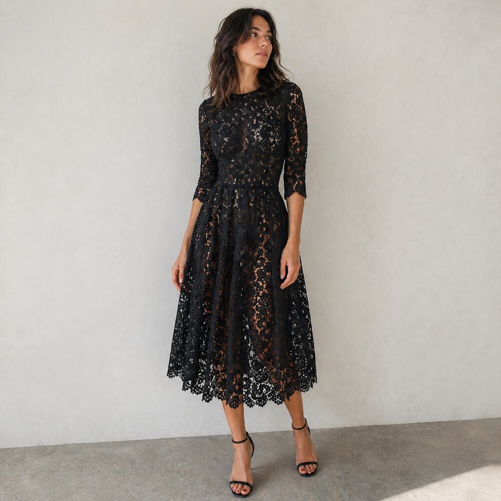 Yanina Prêt-à-porter Lace Dress Womens 40 Black Lace 3/4 Sleeve Midi